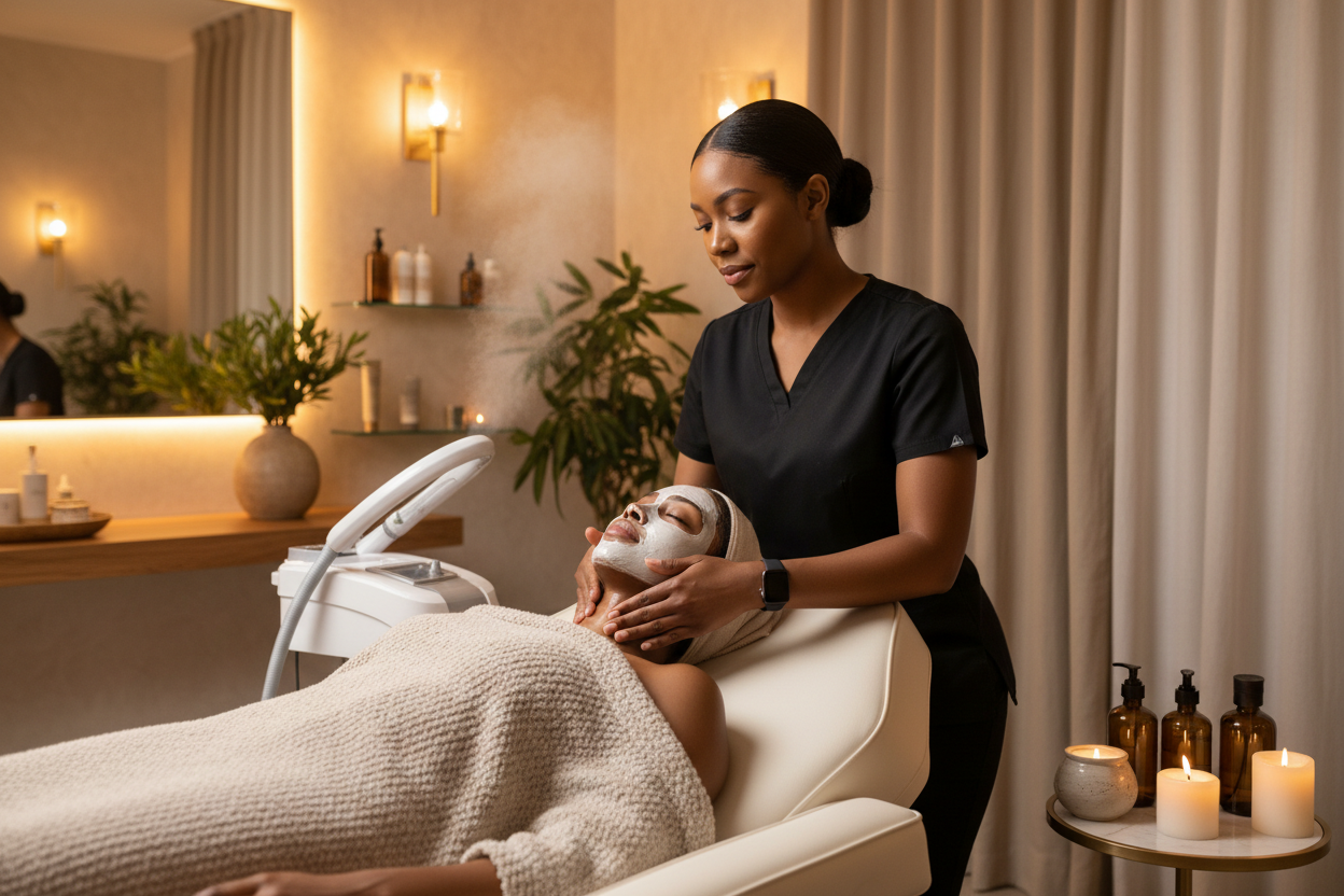 generate an professional image of a client getting a deep cleansing facial in a chic warm room spa setting and client is darker and technician is darker skin. The technician is wearing black scrubs