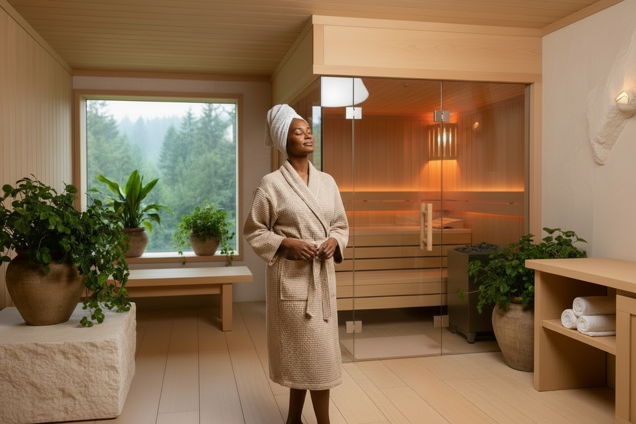 keep the image but remove the round basin thing on the left side of the image, the focus ison the sauna