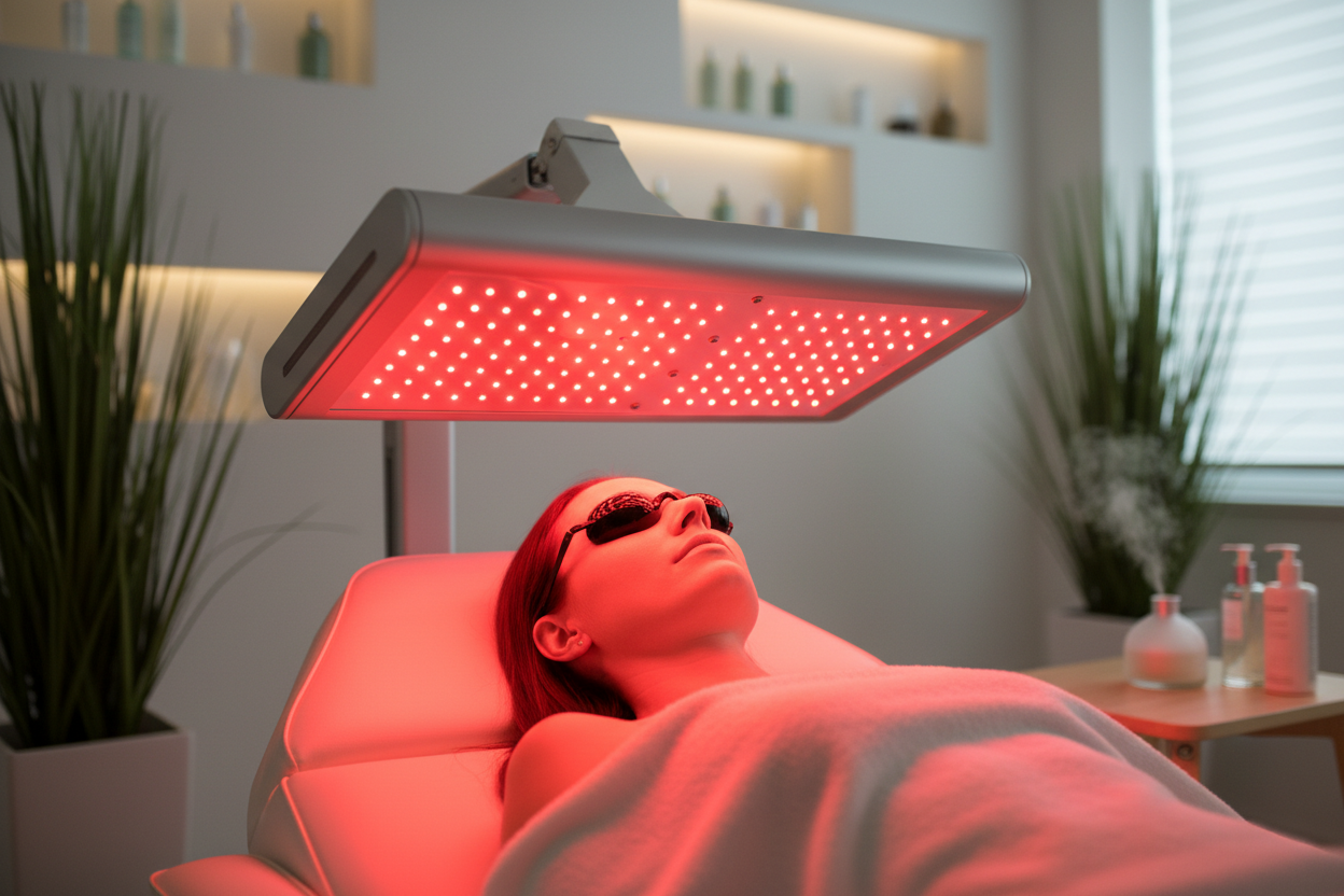 a professional image depicting red light therapy facial service
