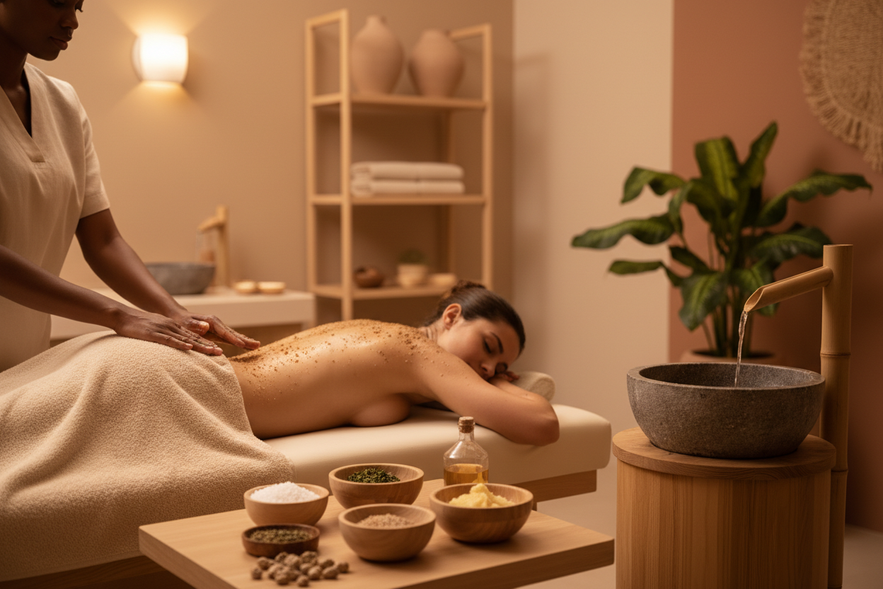 generate a professional image of a client getting African body scrub in warm tone room but please no African prints on the walls or decors keep it clean, chic and inviting