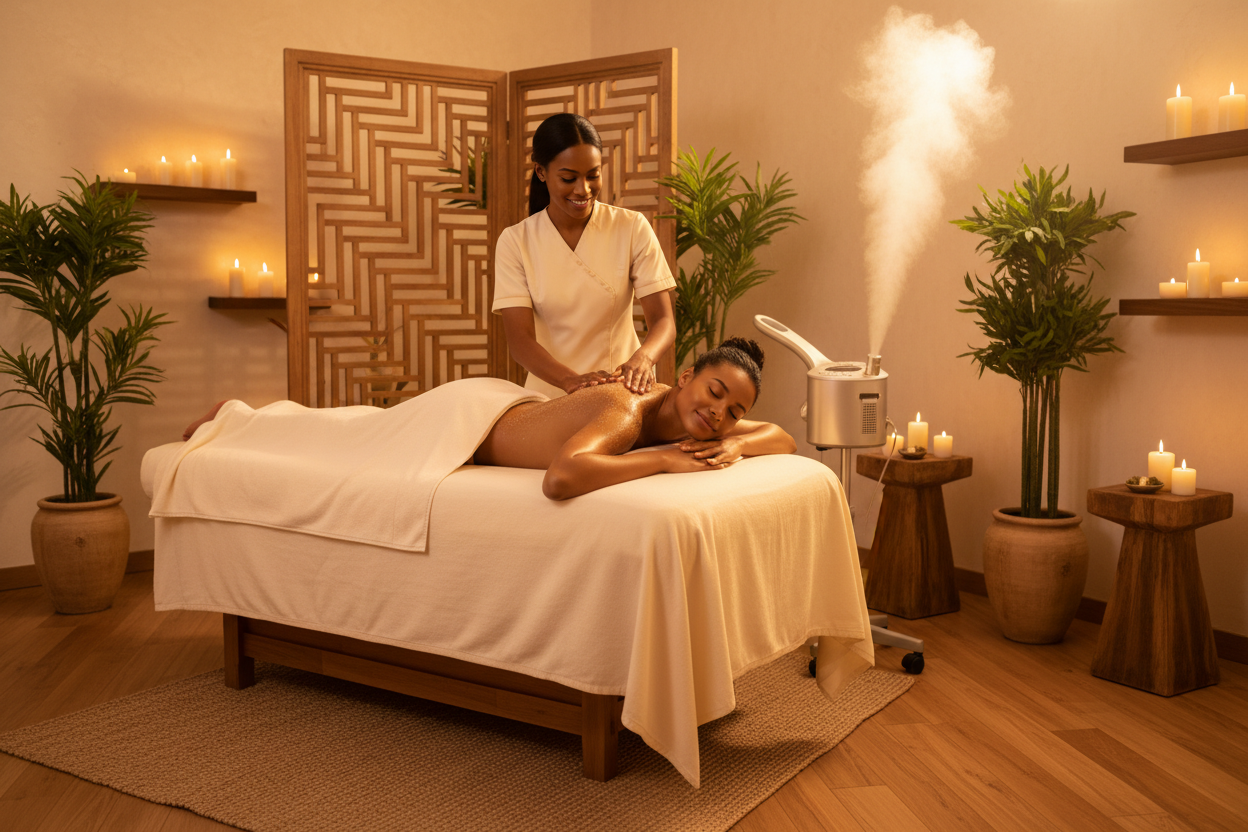 generate a professional image of a client getting pampered in a beautiful spa room in a warm setting the client is getting a body scrub with the facial steamer running and should look really relaxation. The client is darker skin and the technician as well