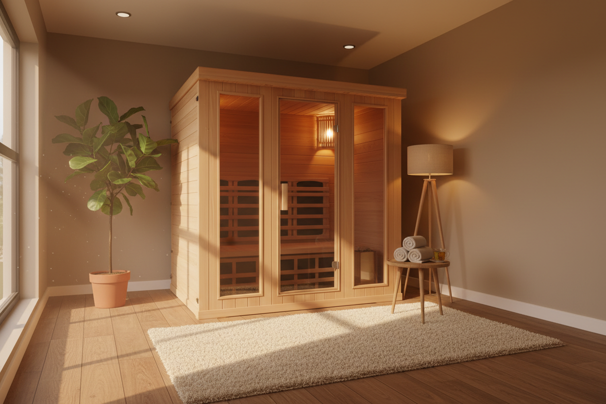 generate a room in warm setting with an infrared sauna 