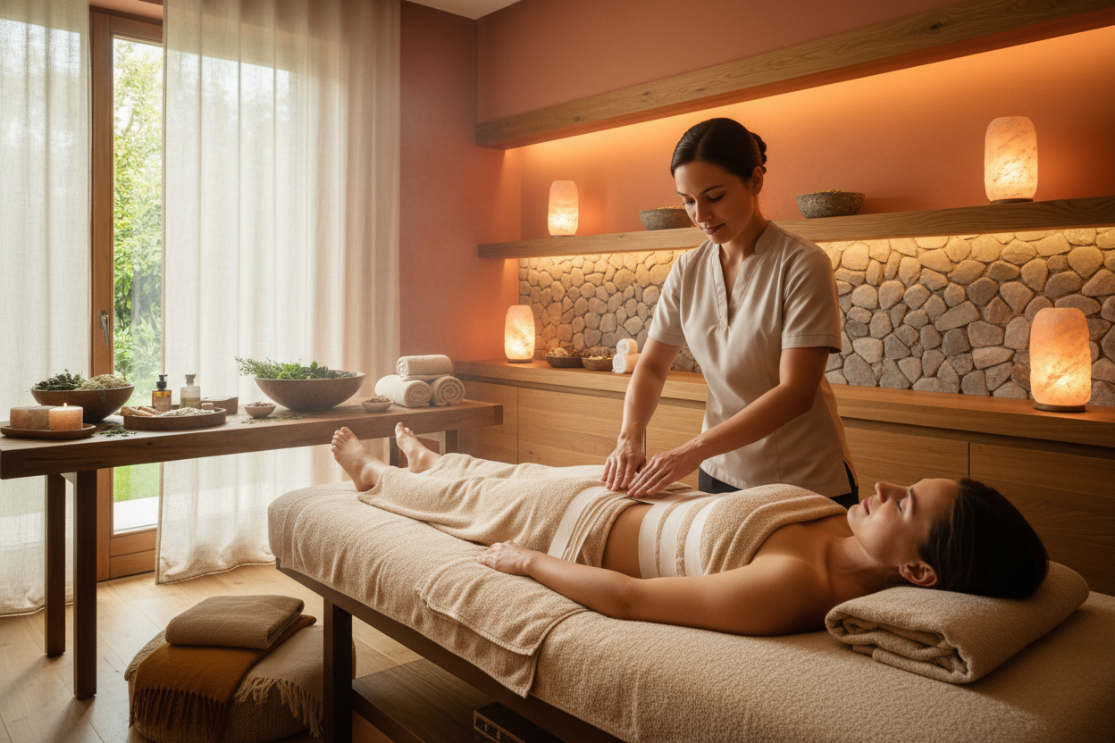 generate professional image of client getting a bandage style wrap on tummy and legs in a warm setting room it is more therapeutic than clinical 
