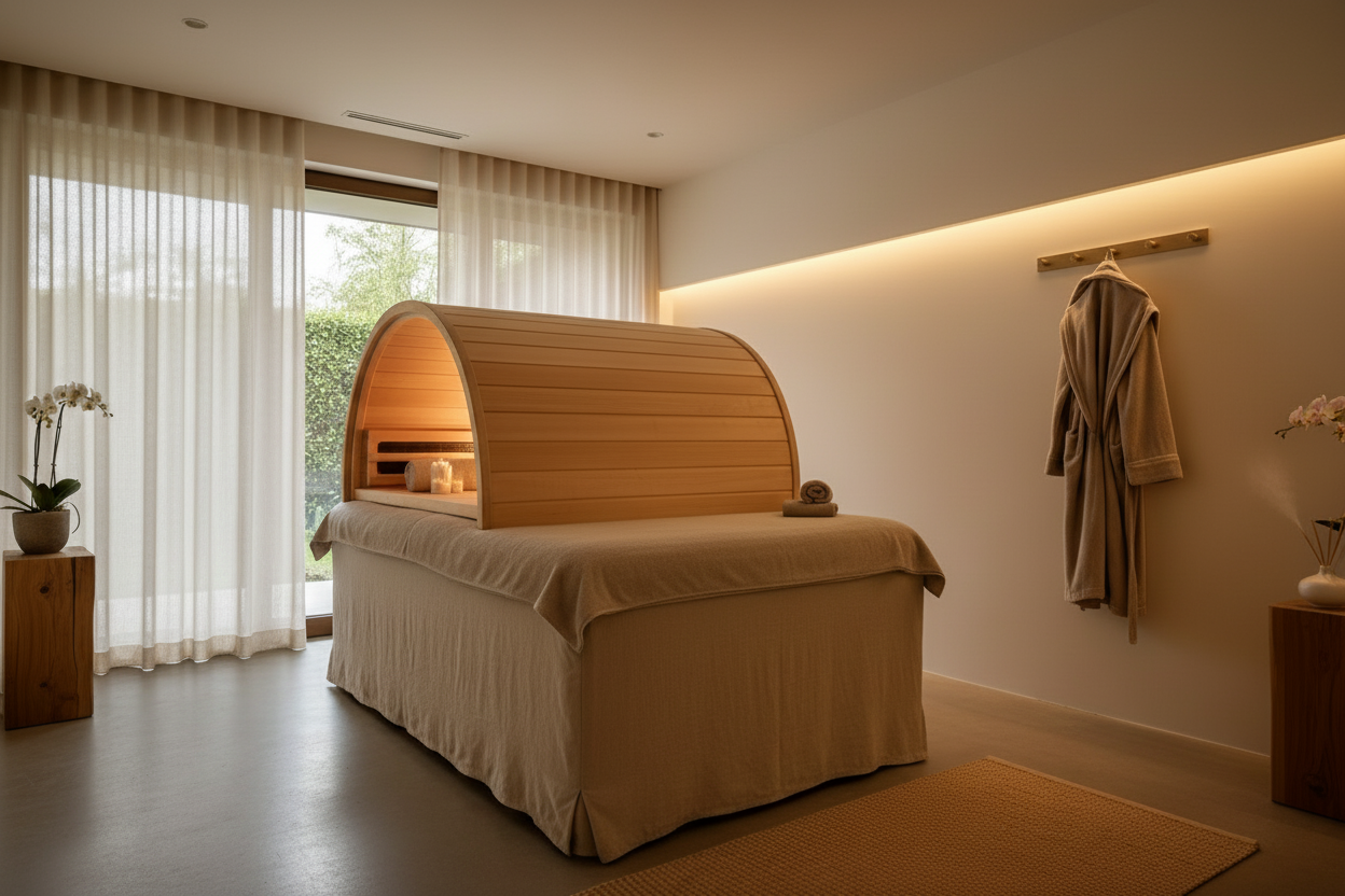 keep the image but make the bed more vertical and longer with the sauna pod facing towards the window